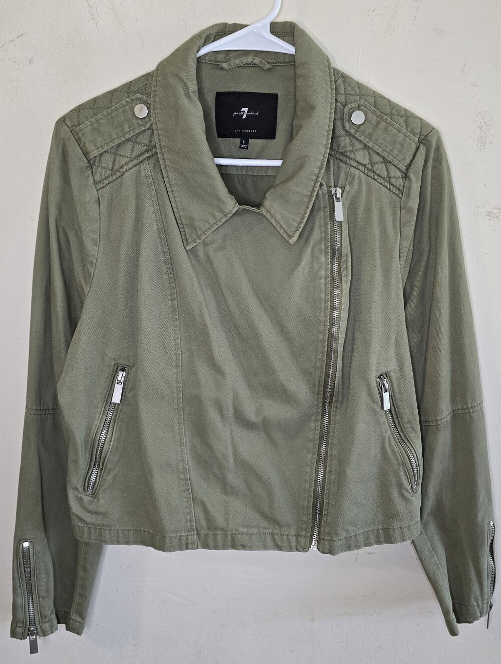 7 For All Mankind Moto Jacket Womens L Olive Green Cotton Cropped Quilted Biker